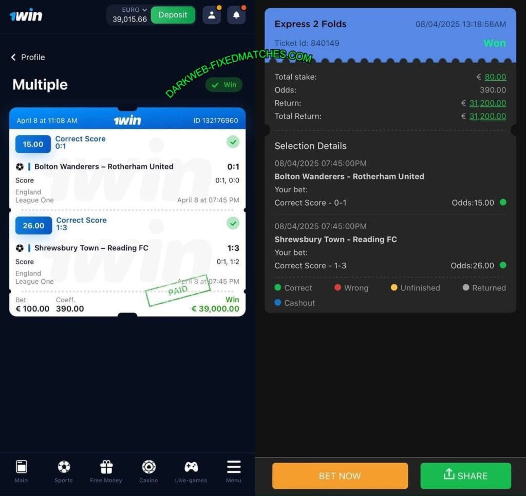 1win correct score fixed matches