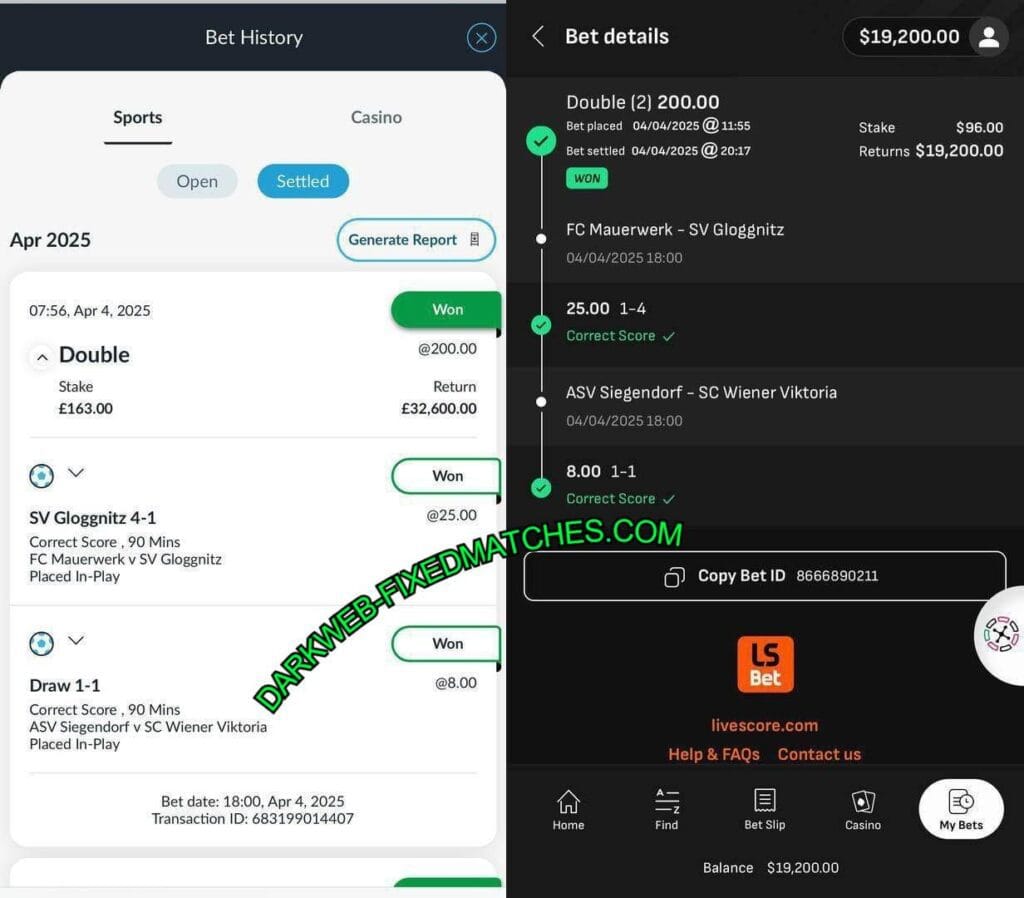 LIVESCORE BET DARK WEB CORRECT FIXED MATCH