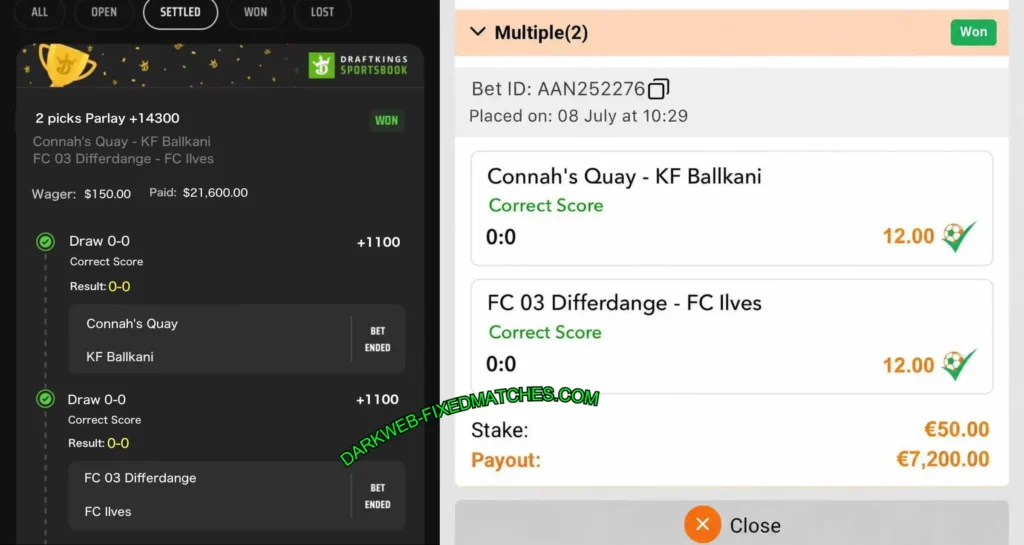 DRAFTKINGS SPORTS CORRECT SCORE MATCHES
